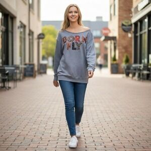 Born Fly Womens Sweatshirt XL Gray Animal Print Graphic Elbow Patch Pullover